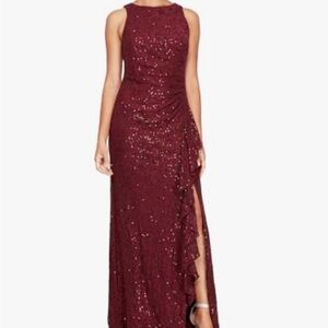 Alex Evenings Sleeveless Cascade Ruffle Front Slit Sequin Wine Color Dress Sz 4